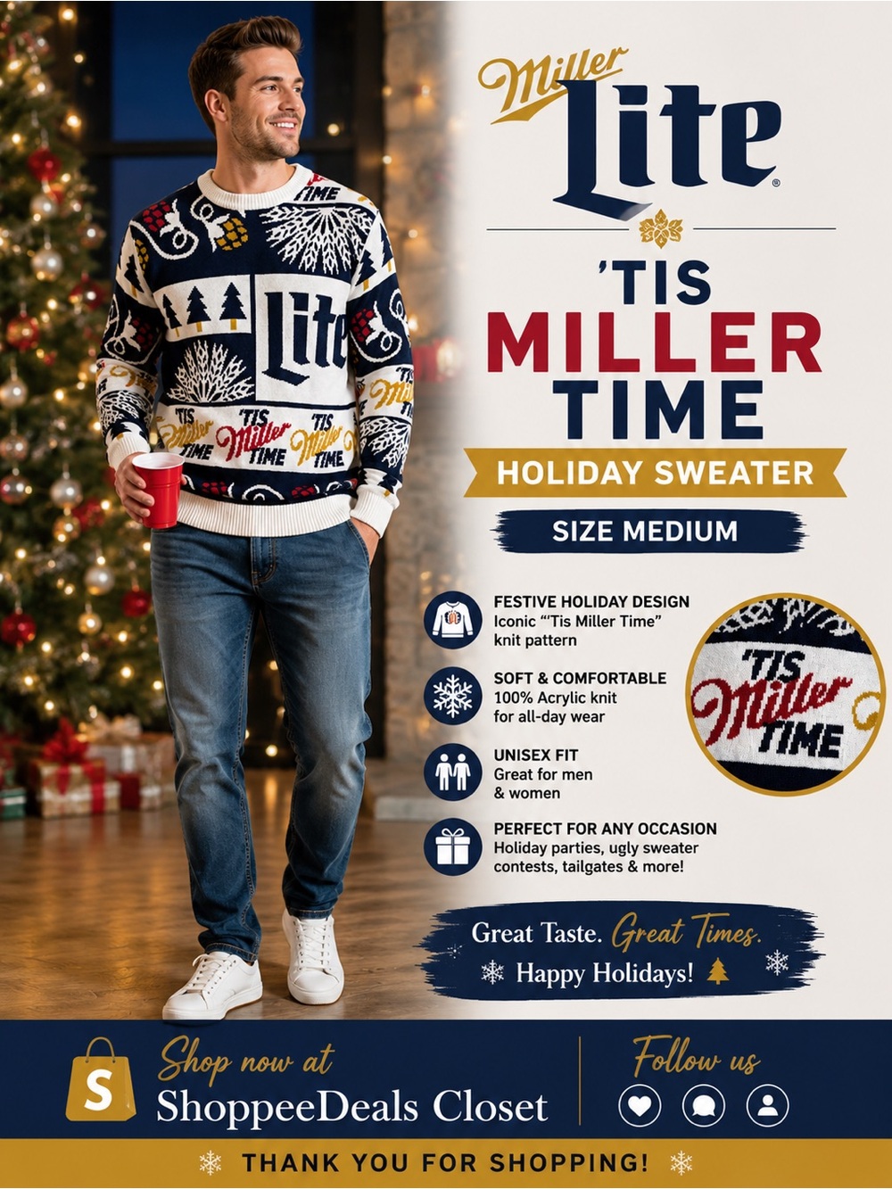 Miller Lite “’Tis Miller Time” Holiday Sweater – Size Medium